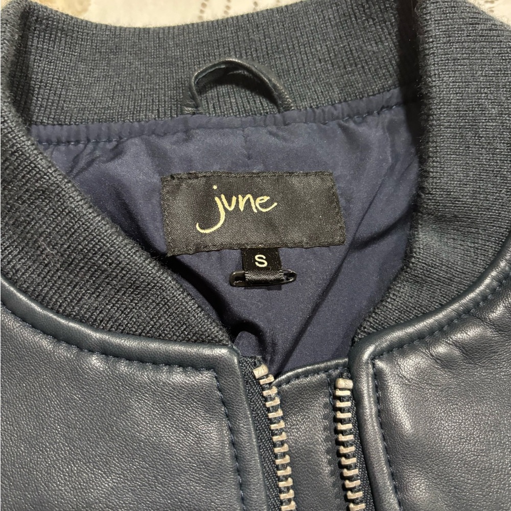 June Navy Blue Bomber/Letterman Leather Jacket